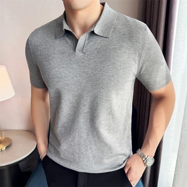 High elasticity mens short sleeved polo shirt summer silk lightweight solid collar knitted mens T-shirt 250313BJ