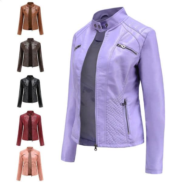 YJKDYK SpringSummer Womens Leather Jacket Casual Zipper Solid Color Coats Motorcycle 240814