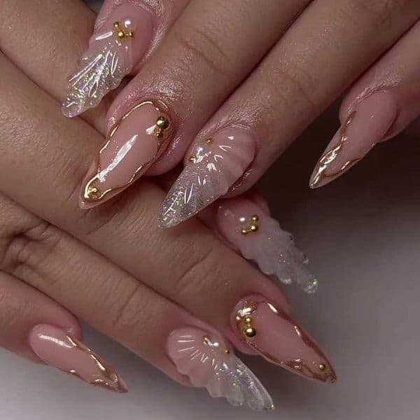 24pcs Long Almond False Nails Press on Fashion Seashell Pearl Nails Art Datachable Shiny Powder Design Stiletto Fake Nail Tips Z260511