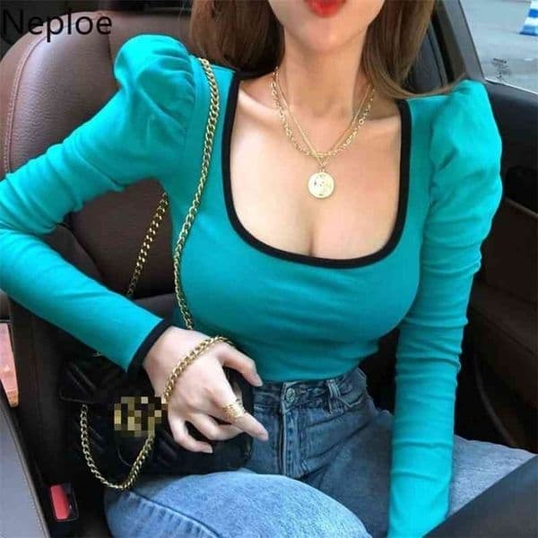 Neploe T Shirts Women Sexy Square Collar Puff Sleeve Female Tops Summer Casual Slim Fit Cotton Ladies Tees 1C168 210722