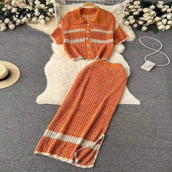 SINGREENY Summer Hollow Beach Set Retro Collar Knitted Loose TopLong Sleeve Casual Two Piece 240816