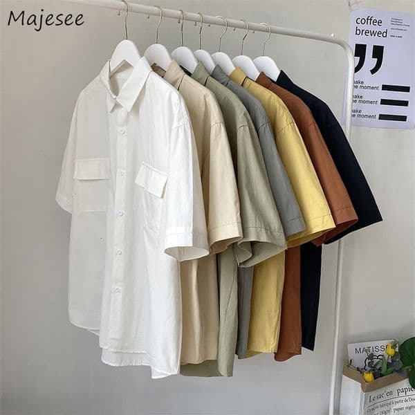 Men's Casual Shirts Short sleeved men's solid candy color loose summer couple lapel simple pocket fashion Harajuku chemical men 230408