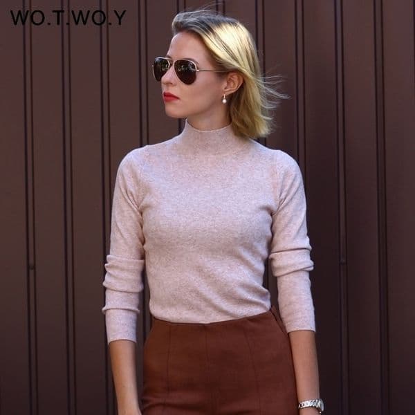 WOTWOY Autumn Winter Solid Cashmere Sweater Women Knitted Long Sleeve Turtleneck Sweaters Women Slim Fit Basic Pullovers 201109