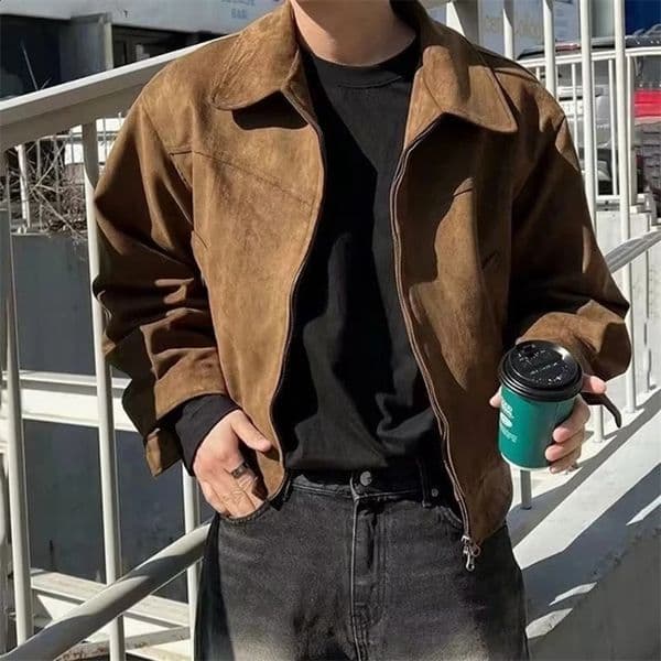 Elegant Solid Brown Coat Men Spring Autumn High-End Loose Lapel Zipper Short Jacket Vintage Streetwear Bomber Jacket 240911