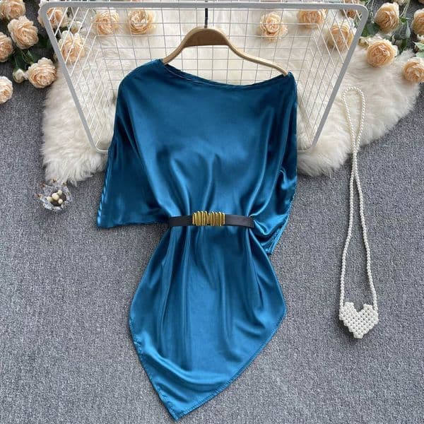 Elegant Retro Sweet Asymmetric Satin Bottom Shirt Fashion Casual Belt Womens Ultra Thin SpringSummer 240810