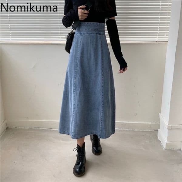 Nomikuma Korean Zipper High Waist Jeans Skirt Causal A-line Elegant Demin Women Skirt Autumn Fashion Mujer Faldas 6C092 210427