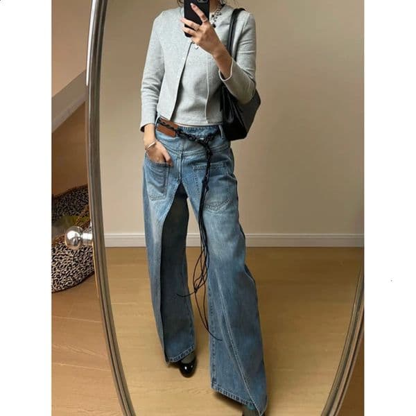 Womens retro wide leg bag casual denim Trouser Harajuku high waisted loose jeans spring fashion blue pants 240823BJ