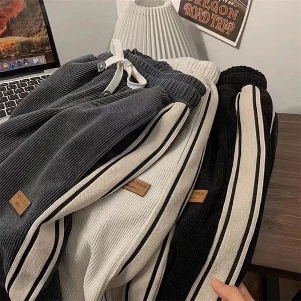 Fall Striped Corduroy Sweatpants Women Winter Thick High Waist Drawstring Wide Leg Trousers Y2K Korean All-Match Straight Pants 240530