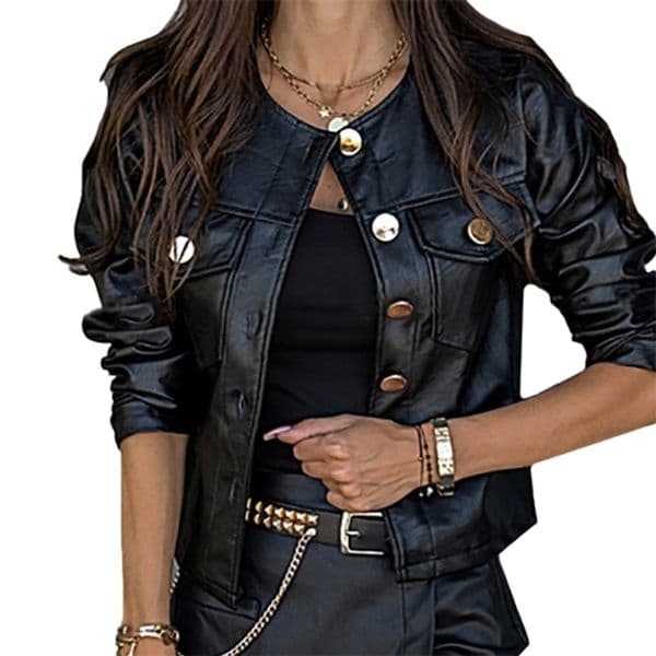 Women PU Leather Jackets Spring Autumn Faux Leather Coats Ladies Motor Biker Button Slim Jackets Basic Black Short Coats D30 210722