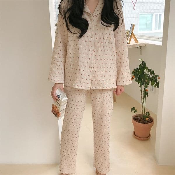 Women's Sleepwear Cotton Linen Sleepwear Set Sweet Cute Cherry Print Pajamas Vintage Kawaii Notched Pocket Home Suit ShirtTrousers Button S890 230223