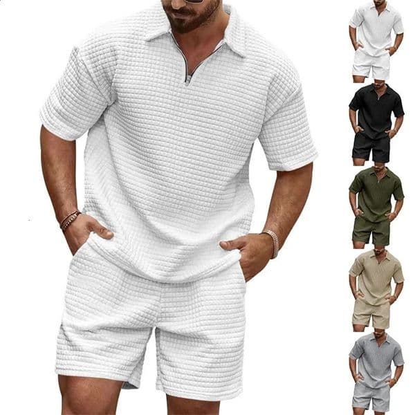 Summer Mens Casual Trend Fashion and Comfortable Solid Color Polo Sports Set 241217