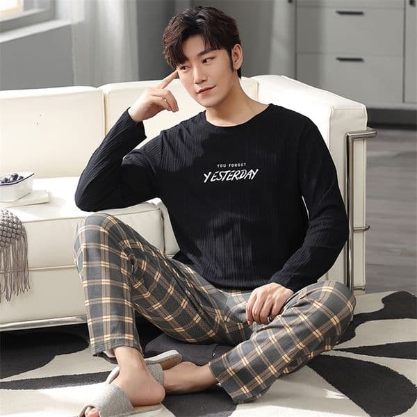 Men's Sleepwear Large L-4XL Cotton Pajamas Men's Pajamas para hombre Long Sleeve Casual Pajamas Men's Grey Pajamas Set 230330