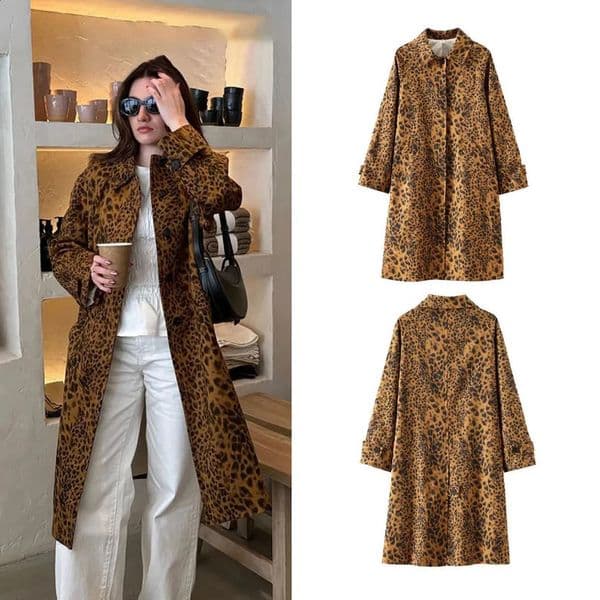 PRIMTKAOIR Autumn Leopard Pattern Womens Oversized Trench Long Sleeve Medium Loose Jacket Outerwear Street Clothing Y2K 240824