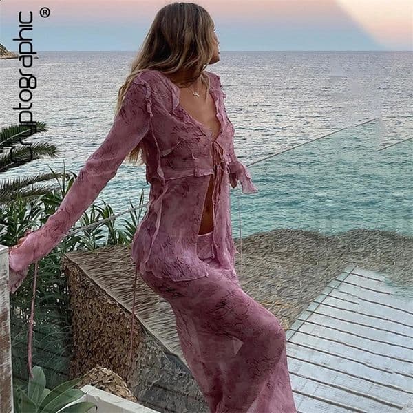 Cryptographic Fashion Co ods Set Club Set Printed Y2K Mesh Transparent Long Sleeve Tie Top Maxi Ski Matching Set 250422