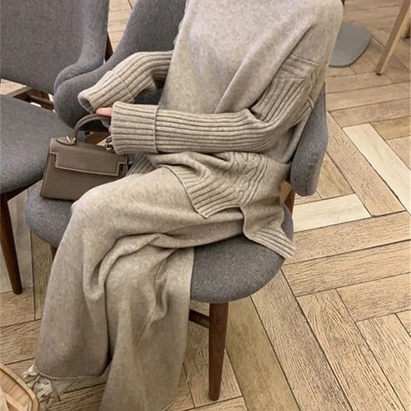 Autumn and winter 2-piece womens knitted track suit turtle neck sweater and wide leg jogging pants zipper set 241217