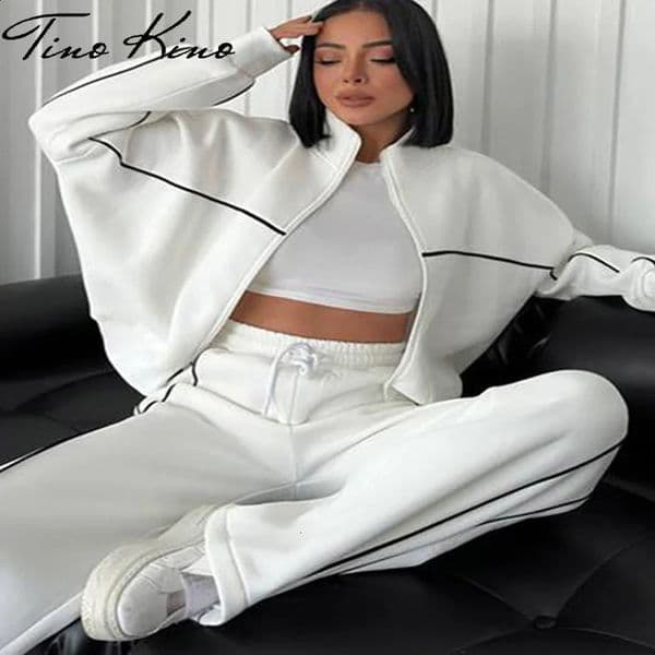 Sport Stripe Sweatshirt Two Piece Set Women White Turtleneck Long Sleeve Elastic Waist Pant Sets Female Spring Autumn 250305