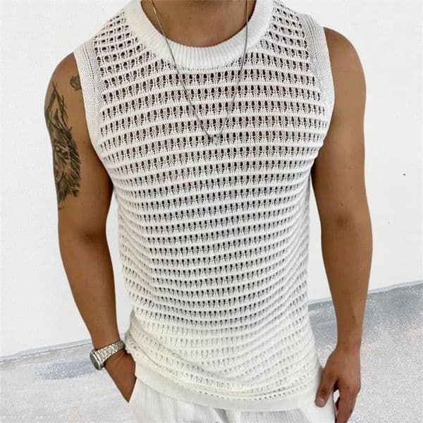 Fashion Knit Tank Tops Men Streetwear Summer Leisure Hollow Out Knitting Camisole Sleeveless Crew Neck Solid Mens Vest Vintage 240530