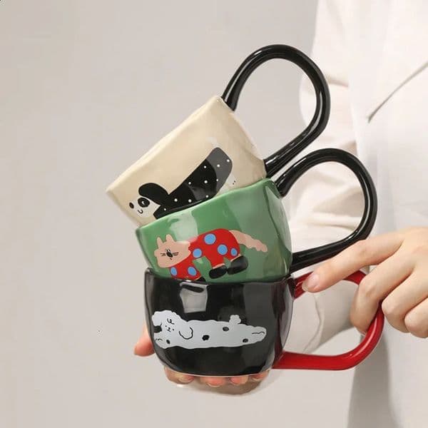 Cartoon Large Handle Ceramic Cup Hand Pinched Irregular Cute Coffee Mug Afternoon Tea Juice Milk Cups Home Office Water Cup 250424