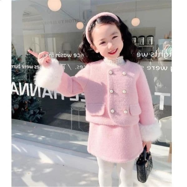 Girls Suit Winter Small Fragrance Solid Color Padded Wool Coat Padded Skirt Two-piece Set Kids Clothes Girls 240713
