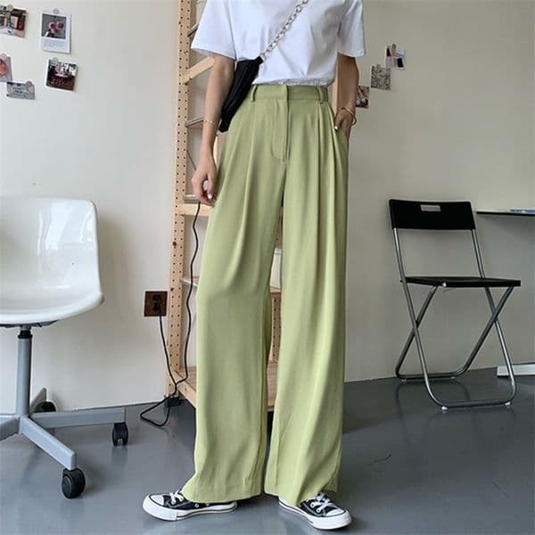 Women's Pants Capris Lucyever Summer Green Wide Leg Pants for Women Fashion High Waist Thin Loose Suitpants Woman Korean Casual Straight Trousers 230309