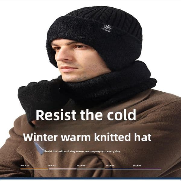 Men's Winter Thickened Ear-Warming 3-Piece Set: Knit Hat, Scarf Gloves Cold-Resistant Warm Knit Headwear for Cycling + Outdoor Performance Headgear