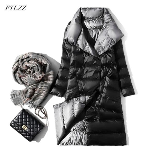FTLZZ Ultra Light Long Jacket Women Winter Double Sided Slim White Duck Down Coat Single Breasted Turtleneck Warm Parkas 210819