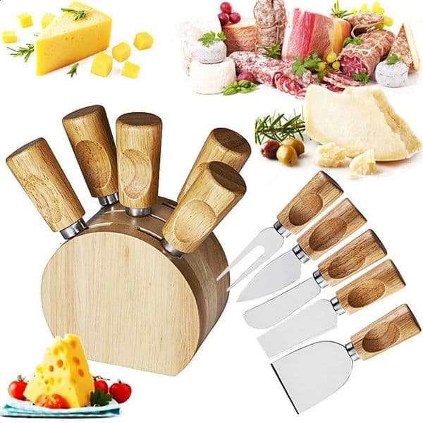Cheese Knife Set with Bracket Used for Cardboard Accessories Stainless Steel Slicer Wooden Handle 240830
