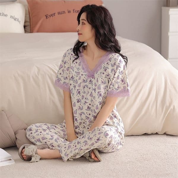 Women's Sleepwear Yasuk Spring Summmer Fashion Women's Casual Sleepwear Homewear Lace Flower Print Sweet Pajamas With Pants Soft Short Sleeve 230428
