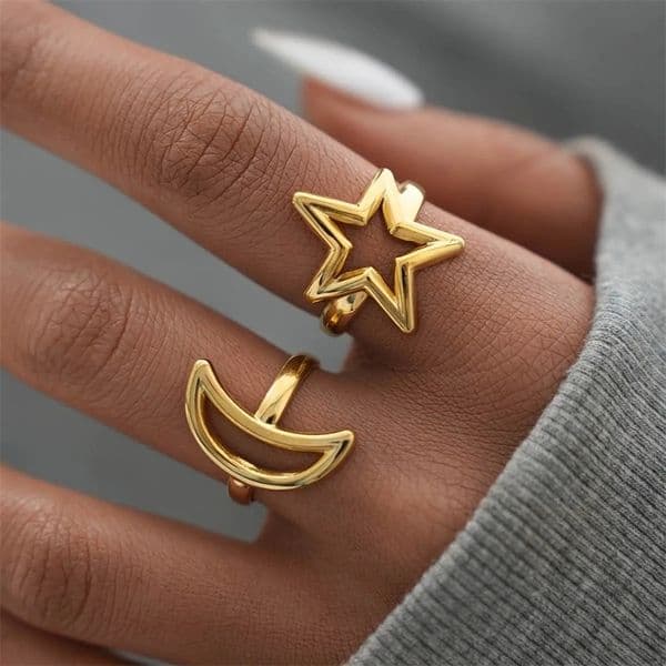 Stainless Steel Star and Moon Combination Series Adjustable Opening Rings Gold PVD Plated Waterproof Jewelry For Women 250612