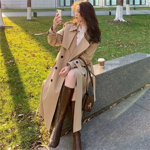 Streetwear Loose Trench Coat Midi Length Fashion Korean Elegant Khaki Black Womens Windbreaker Coat Casual Double Breasted Tops 240703