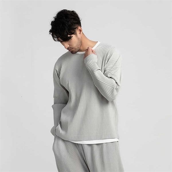 IEFB Men's Wear Japanese Stretch Fabric Pleated Loose Tops Round Collar Loose Long Sleeve T-shirt Male 9Y3057 210623