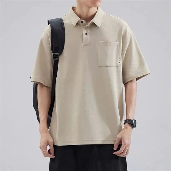 American Fashion Trend Casual Simple Solid Short Sleeved Polo Shirt Mens Lapel Button Pocket Summer High End Loose Top 250118