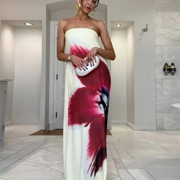2025 Floral Printed Strapless Loose Robes Women Sexy Off Shoulder Sleeveless Backless Maxi Dress Fashion Lady Party Vestidos 250409bj