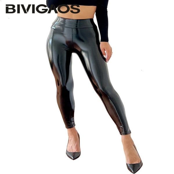 BIVIGAOS Women Mirror Leather Leggings Reflective Shiny Stretch Tighten PU Pants High Waist Slim Sexy 241021