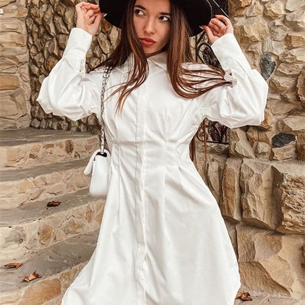 Basic Casual Dresses Wixra Women Shirt Dress Turn Down Collar Lantern Sleeve A Line High Street Casual Femme Mini Dress Summer Spring 230518