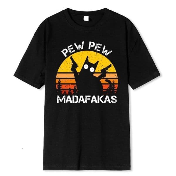 Pew Madafakas Cat With Two Guns Printing Men T Shirts Summer Cotton T-Shirts Breathable Loose Clothes Hip Hop Street Tees 250313bj