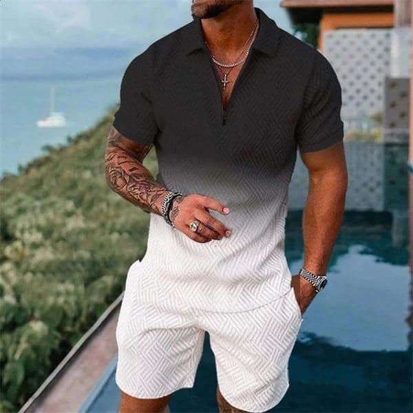 Fashion mens zipper solid color gradient print mens sportswear set summer casual zipper polo shirt and shorts 2-piece set 240930