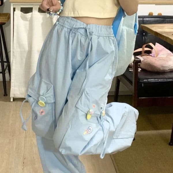 Blue Sweet Japanese Trend Embroidered Casual Mens Summer High Waist Loose Multi Pocket Wide Leg Cargo Pants 240829BJ
