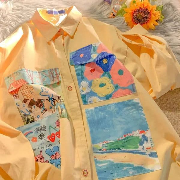Yellow Oil Painting Print Shirts Women Spring Autumn Thin Loose Button Up Blouses Long Sleeved Oversize Shirt for Teenage Girls 240723