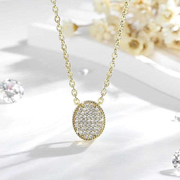14K Gold-Plated Copper Necklace with Zircon Oval Pendant, Niche Design