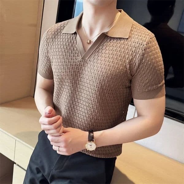Purple mens V-neck polo shirt daily casual short sleeved top fashionable mens hollow knit sweater M-3XL 250121BJ