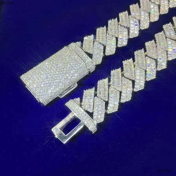 GRA Baguettes Moissanite Dia 20mm Wide Solid Sier With Cuban Link Chain for Mens Rapper Hip Hop Necklace aaa