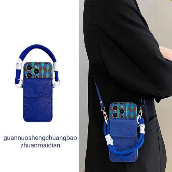 Color-Block Dark Blue Card Holder Hand Strap Compatible with Apple 16 Pro Max Phone Case iPhone 17 Crossbody 13 Protective Cover