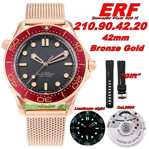 ERF Luxury Watches V3 42mm Bronze Gold Cal.8806 Automatic Mens Watch Black Dial Bronze Gold Bracelet Gents Wristwatches