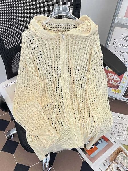 2025 Pure Color Retro Japanese Sle Knitted Sweater with Zipper Hollow out Design ex Hat Summer Outerwear W250926