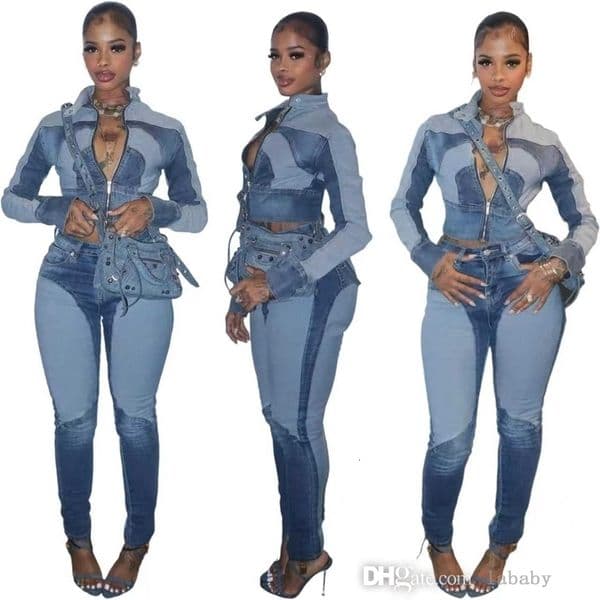 2025 Fashion Y2k Denim 2 Piece Set Women Sexy Patchwork Color Tracksuit Zip Long Sleeve Jacket High Elastic Jeans Female Streetwear Casual Suit