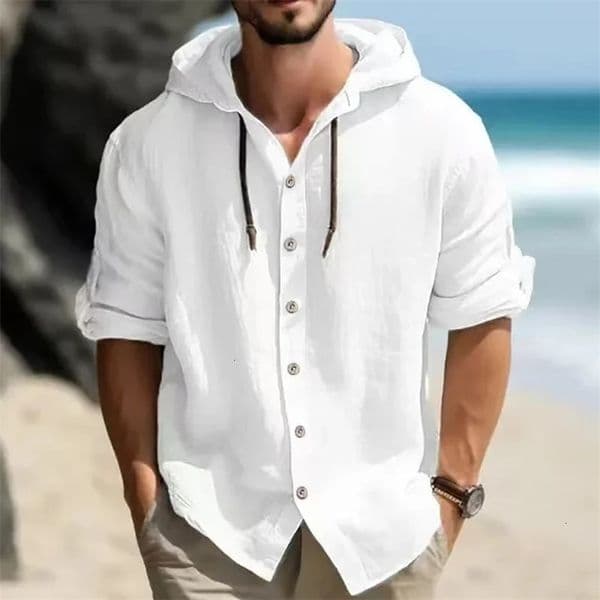 Summer Mens Linen Shirt Solid Streetwear Long Sleeve Hoodie Cardigan Clothing For Men Button Tops Casual Loose Men Hooded Shirt 250226bjbj