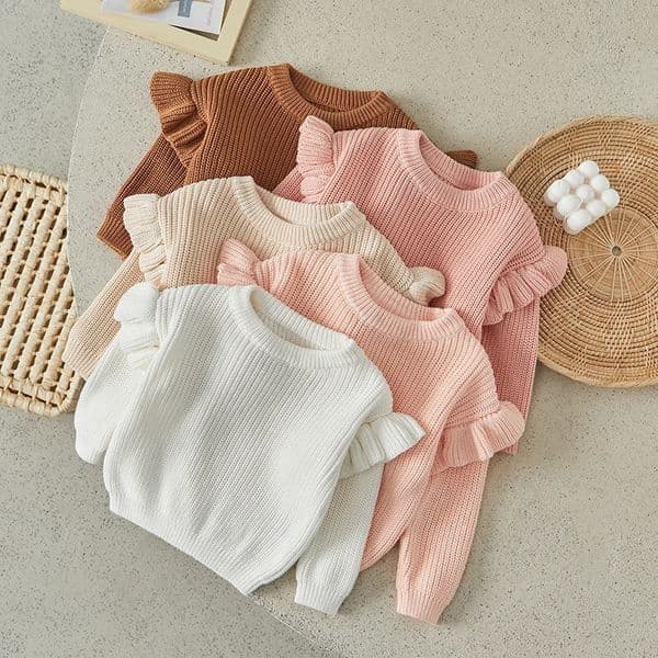Suefunskry born Baby Girl Boy Knitted Ruffled Long Sleeve Sweaters Solid Color Loose Pullover Toddler Casual Tops 250922BJ