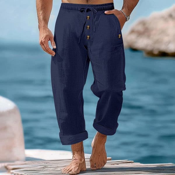 2025 Spring and Autumn New Beach Pants Solid Color Cotton Linen Loose Drawstring Button Fashion Casual Trousers Men's clothing European size: S-3XL