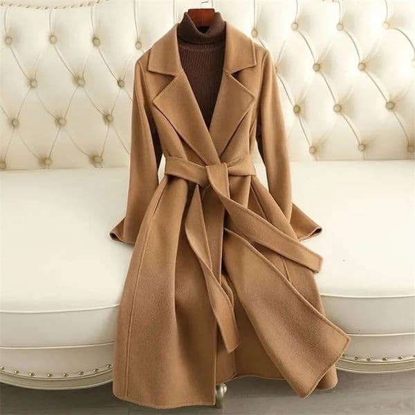 Womens elegant long wool coat with autumn strap winter fashion solid long sleeved fashionable womens casual coat 241209bjbj